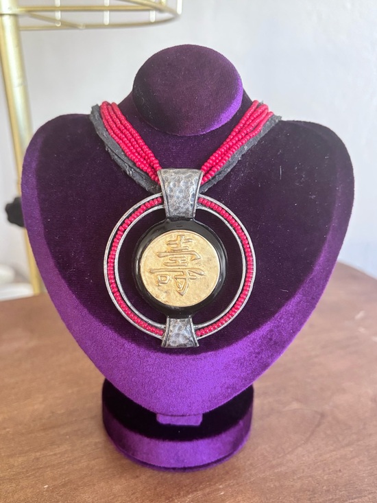 Chico’s Red Beaded Statement Necklace Asian Symbol Pendant Boho Bold - Picture 2 of 5